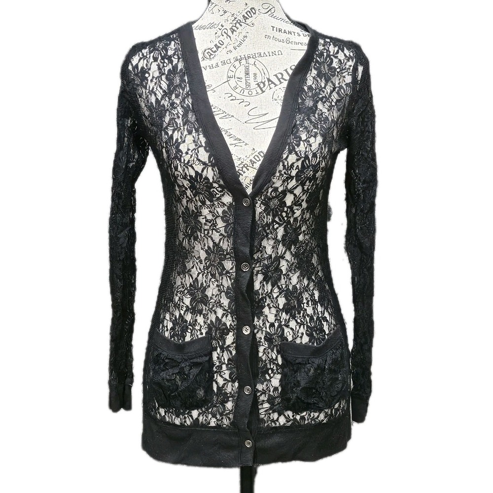 Lace Sheer Cardigan Womens M Floral Ethereal Y2K Whimsigoth Victorian Steampunk